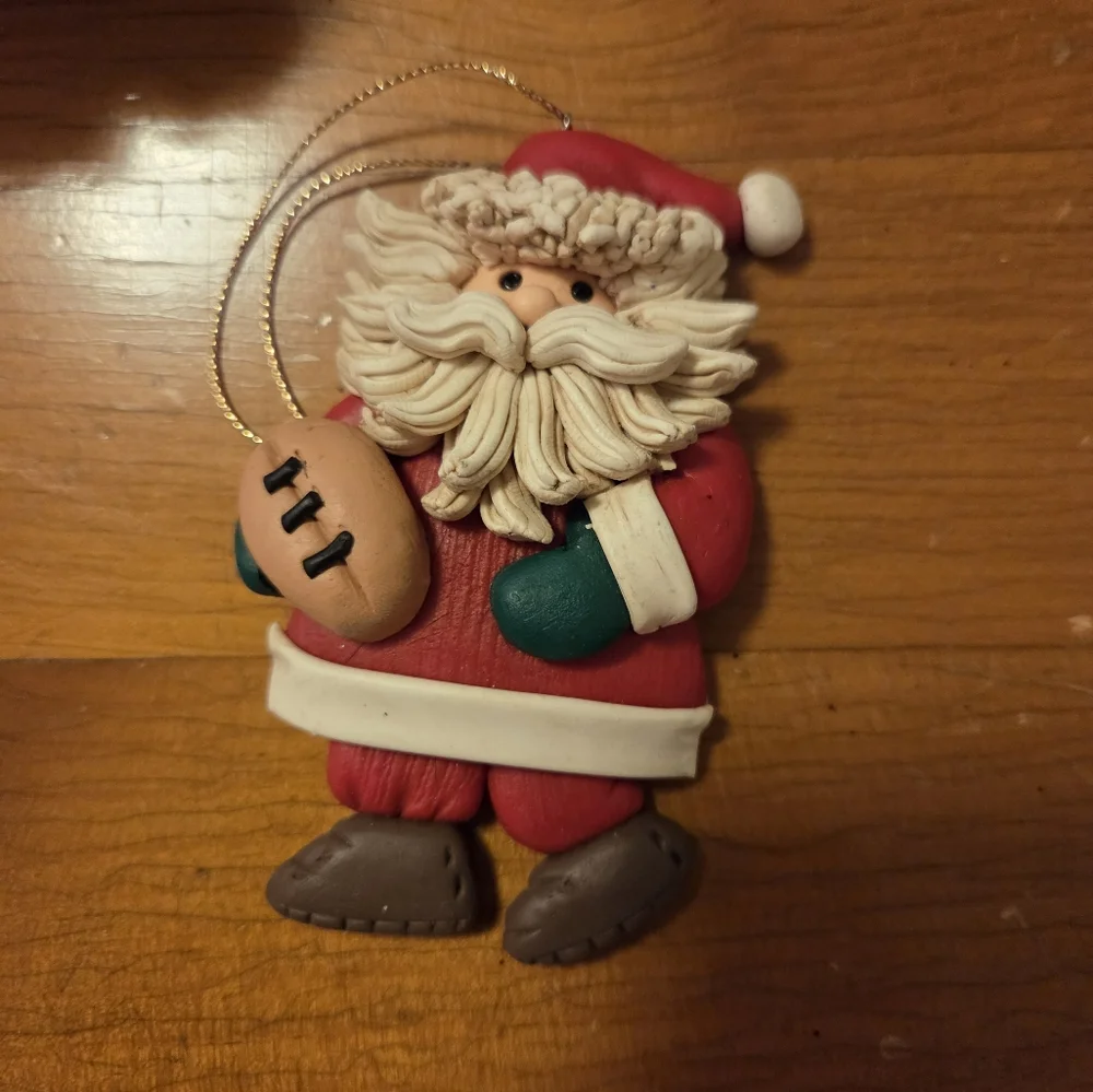 Set Of Santa Ornaments With Footballs One Resin (Roly Poly) And One Ceramic